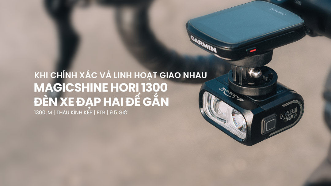 Đèn xe đạp Magicshine HORI 1300 gắn dưới đồng hồ Garmin với thiết kế hai đế tiện dụng