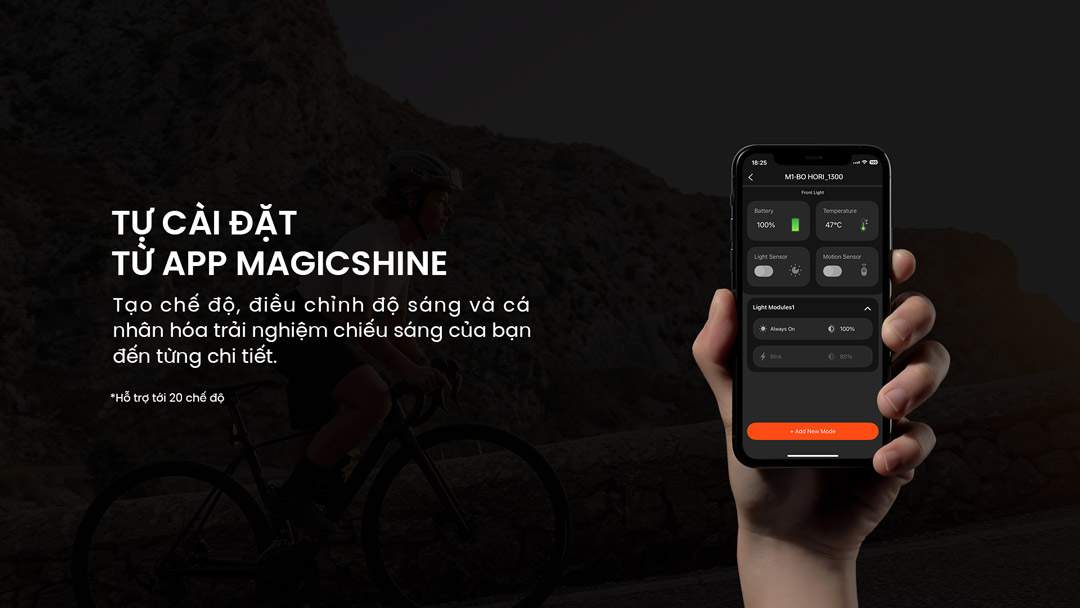 Tùy chỉnh chế độ đèn xe đạp Magicshine Hori 1300 bằng app điện thoại