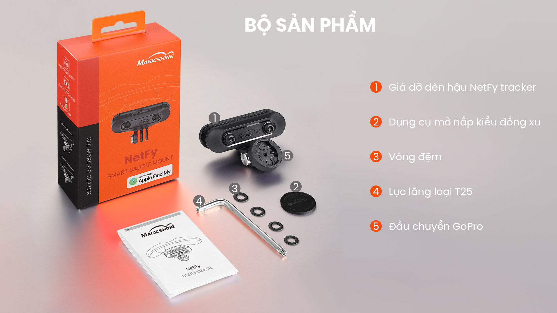 Bộ sản phẩm Magicshine NETFY Tracker gồm giá đỡ, ngàm GoPro, dụng cụ và sách hướng dẫn