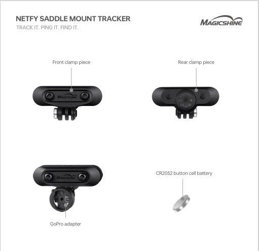 Các bộ phận giá đỡ Magicshine NETFY Tracker: mặt trước, mặt sau, ngàm GoPro và pin CR2032