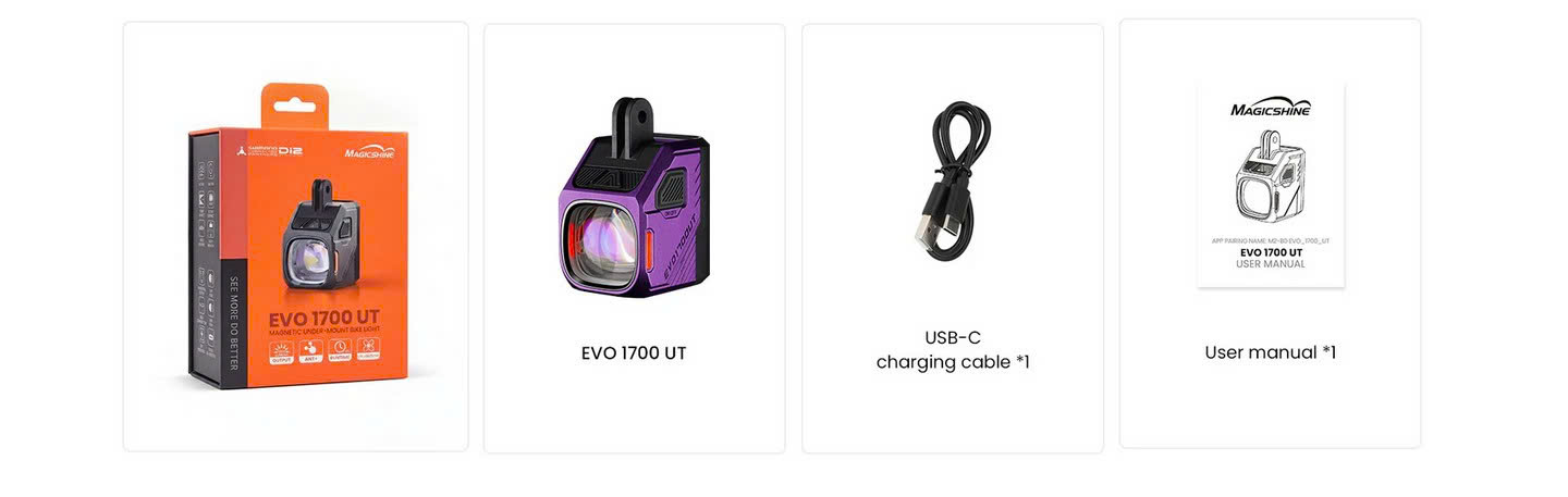 Bộ sản phẩm đèn xe đạp Magicshine EVO 1700 UT gồm đèn, cáp USB-C và hướng dẫn sử dụng